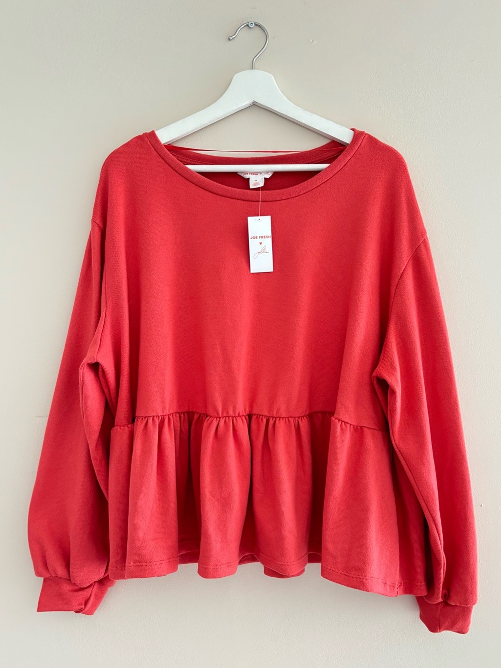 Joe Fresh x Jillian Coral Red Peplum Top 1X Plus Size Long Sleeve Ruffle Hem